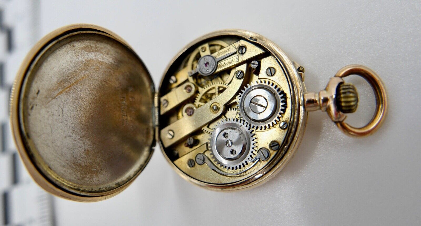 kleine BF Damen Taschenuhr 1930-40er GOLD 585 14K Schweiz Emaille floral 29mm - Antikhandel-Stuttgart