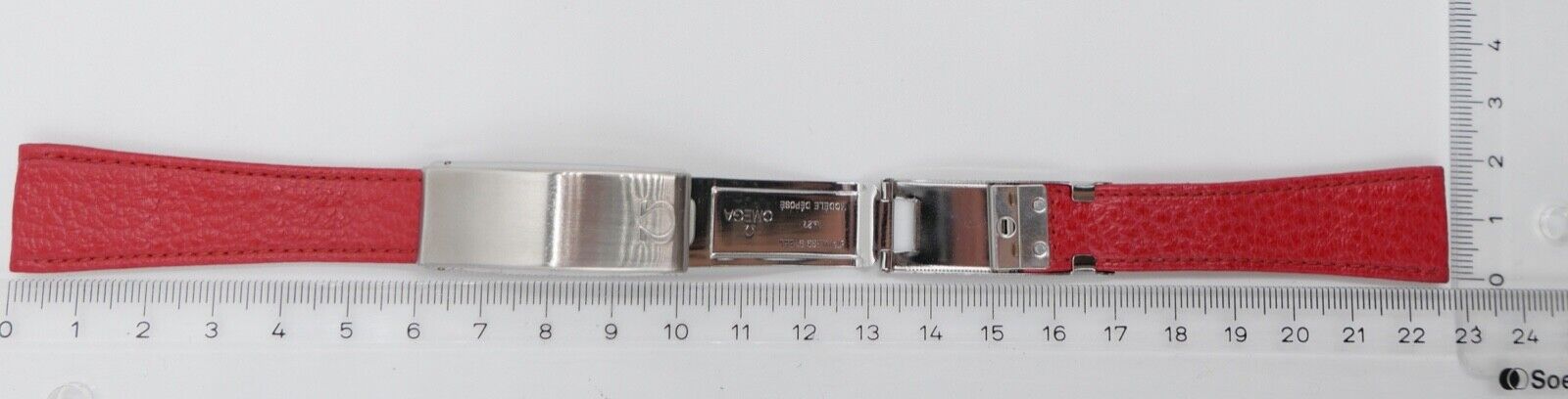 NEU ORIGINAL Vintage OMEGA No. 27 Lederband Rot Edelstahl Faltschliesse 19/14 mm - Antikhandel-Stuttgart