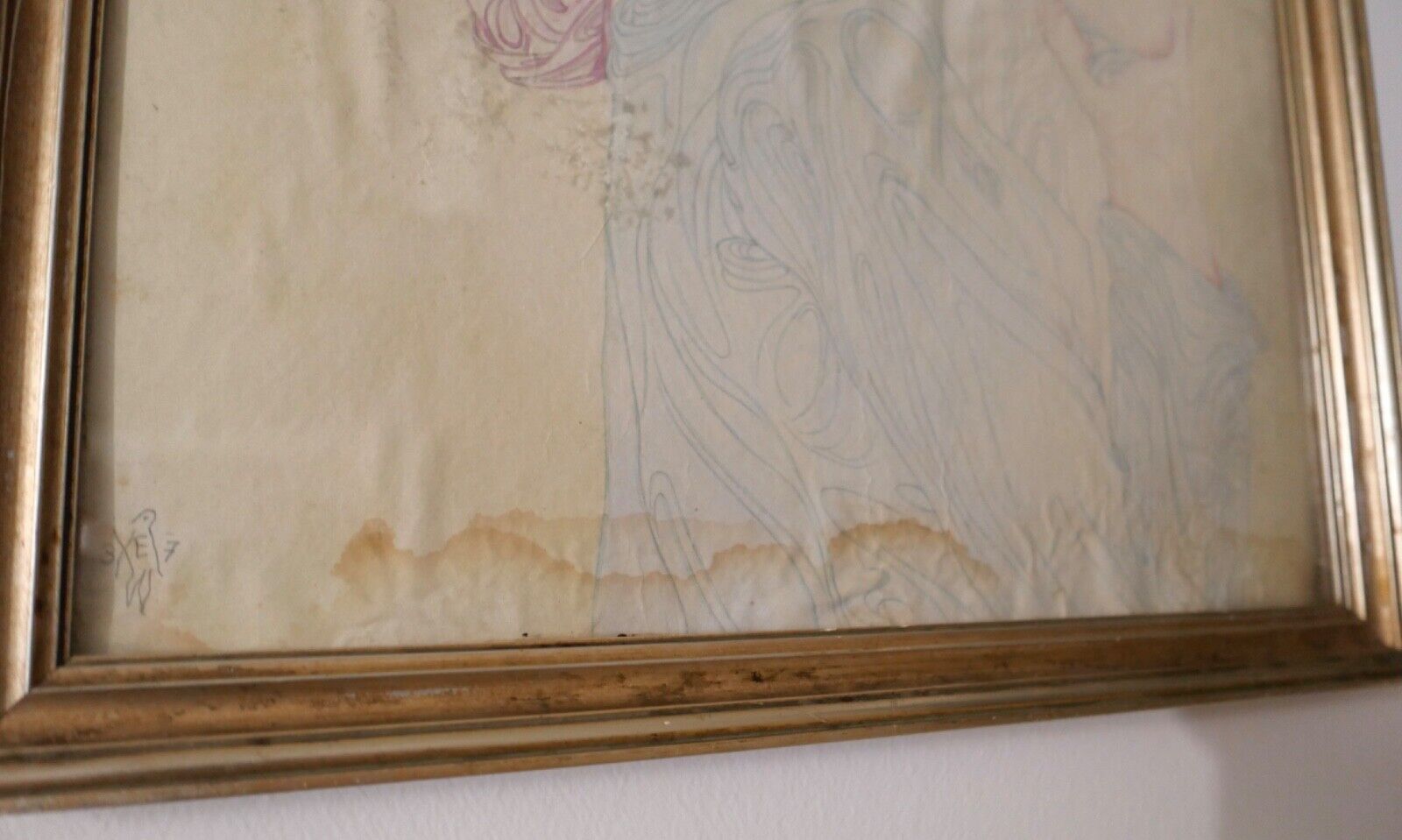 Alte bunte Bleistiftzeichnung Frau mit Kind und Kreuz signiert 41x52 cm - Antikhandel-Stuttgart