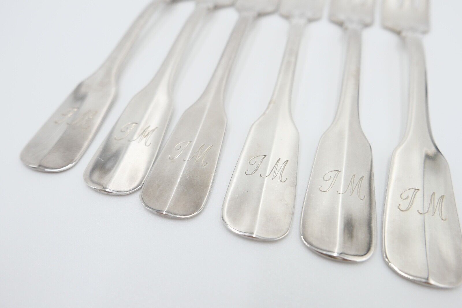 800 Silber Besteck 6 tlg. Kuchengabel Gebrüder Reiner Spatenmuster Monogramm JM - Antikhandel-Stuttgart