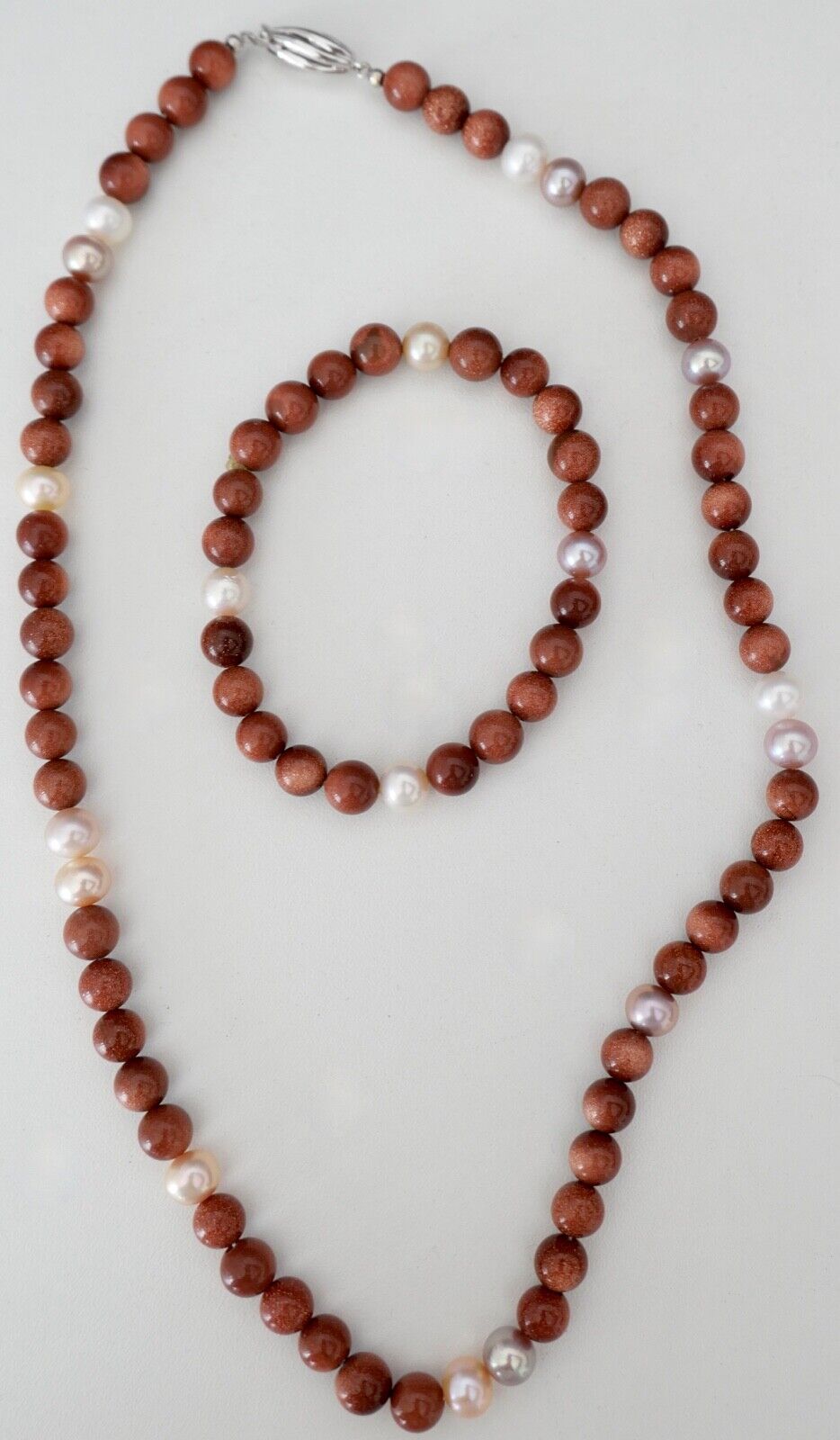 SET Perlenkette Armband Goldfluss Gold 585 /14K pearl Ø 8,3 mm 51 cm rosa Perlen - Antikhandel-Stuttgart