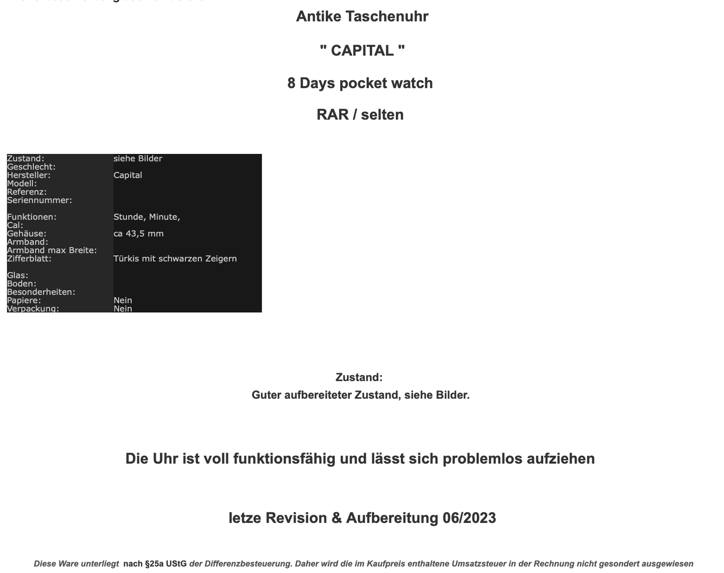 Antike Taschenuhr " CAPITAL " 8 Days pocket watch RAR selten TOP 43,5 mm - Antikhandel-Stuttgart