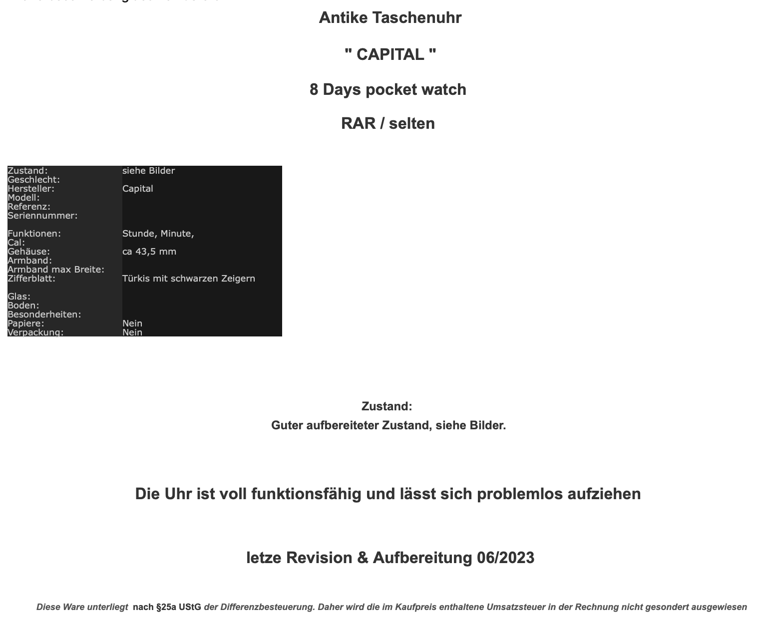 Antike Taschenuhr " CAPITAL " 8 Days pocket watch RAR selten TOP 43,5 mm - Antikhandel-Stuttgart