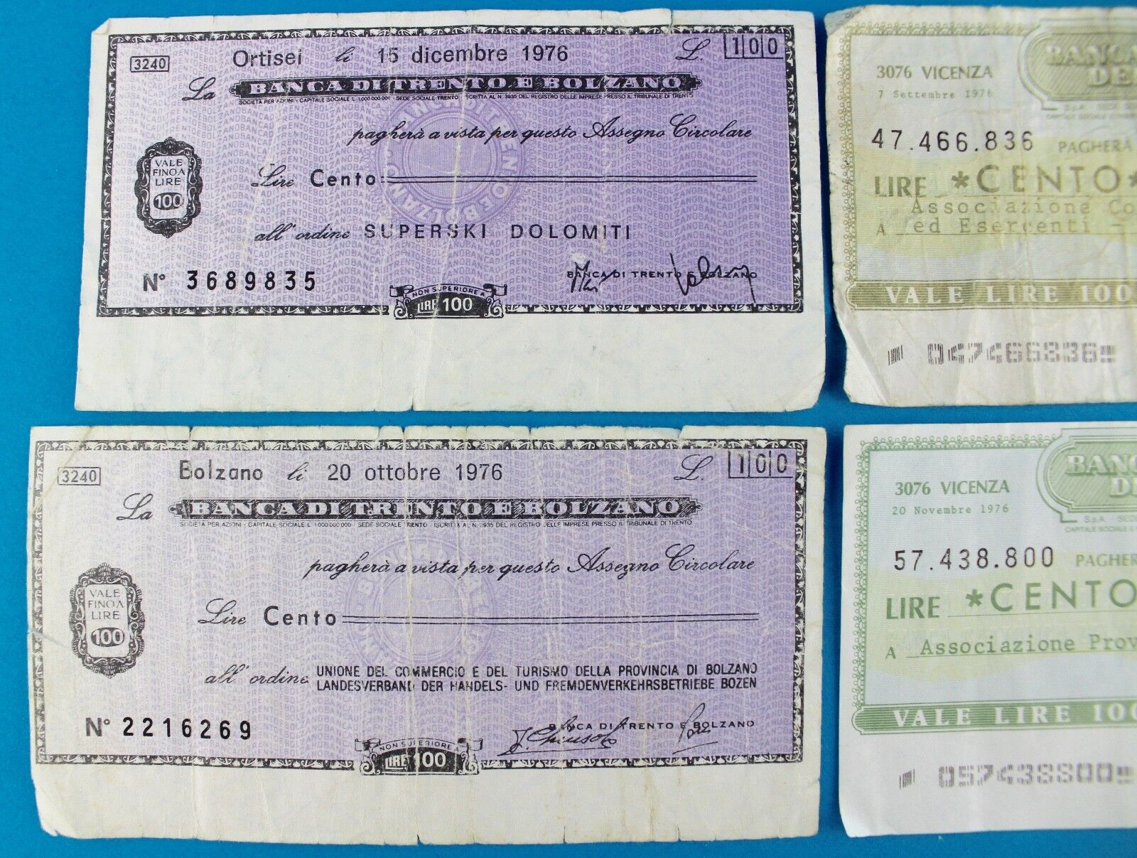 4x 100 Lire Cento Banca Cattolica / Trento Bolzano Italy Banknoten 1976 bill - Antikhandel-Stuttgart