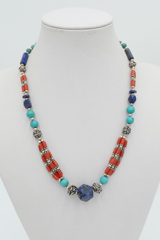 925 Silber Collier 47 cm mit Lapislazuli / Lapis / Türkis / Koralle - Antikhandel-Stuttgart
