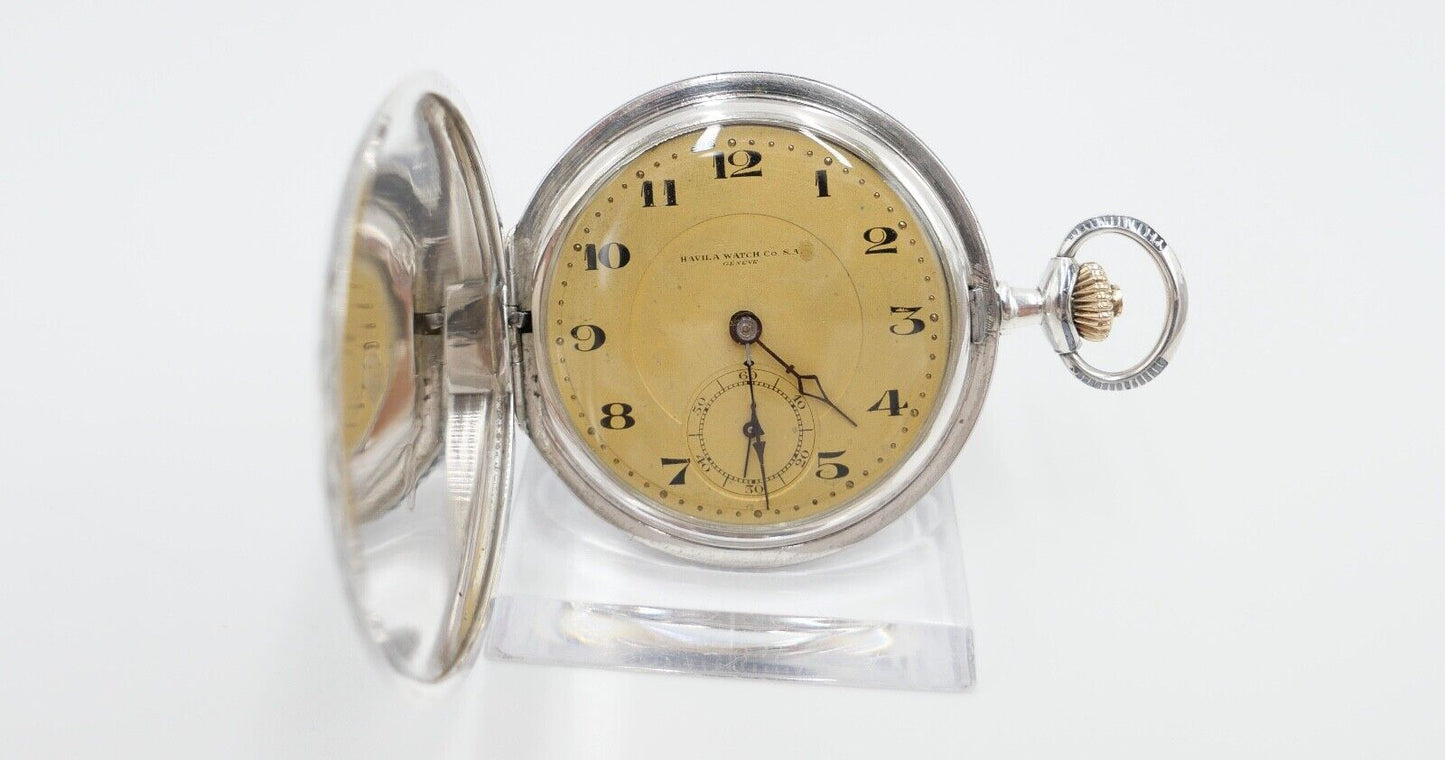 1901-1949 ART DECO SAVONETTE Taschenuhr HAVILA pocket watch Halbmond Krone Silbe - Antikhandel-Stuttgart