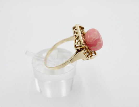 1980er Gold Ring 585 14K mit Rosa Rhodochrosit Gr. 60 Damenring rautenförmig - Antikhandel-Stuttgart