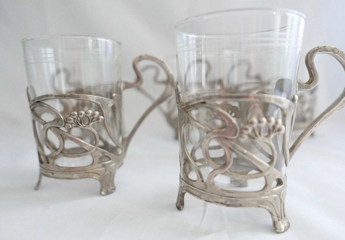 Set 6x Jugendstil Teeglashalter versilbert mit Schott Mainz JENAer Glas um 1900 - Antikhandel-Stuttgart