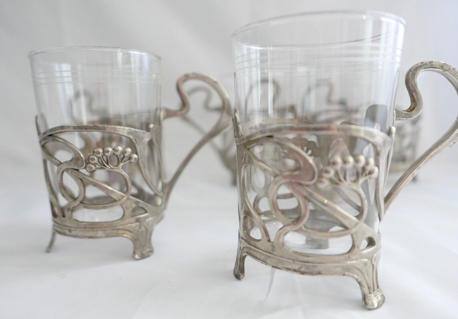 Set 6x Jugendstil Teeglashalter versilbert mit Schott Mainz JENAer Glas um 1900 - Antikhandel-Stuttgart