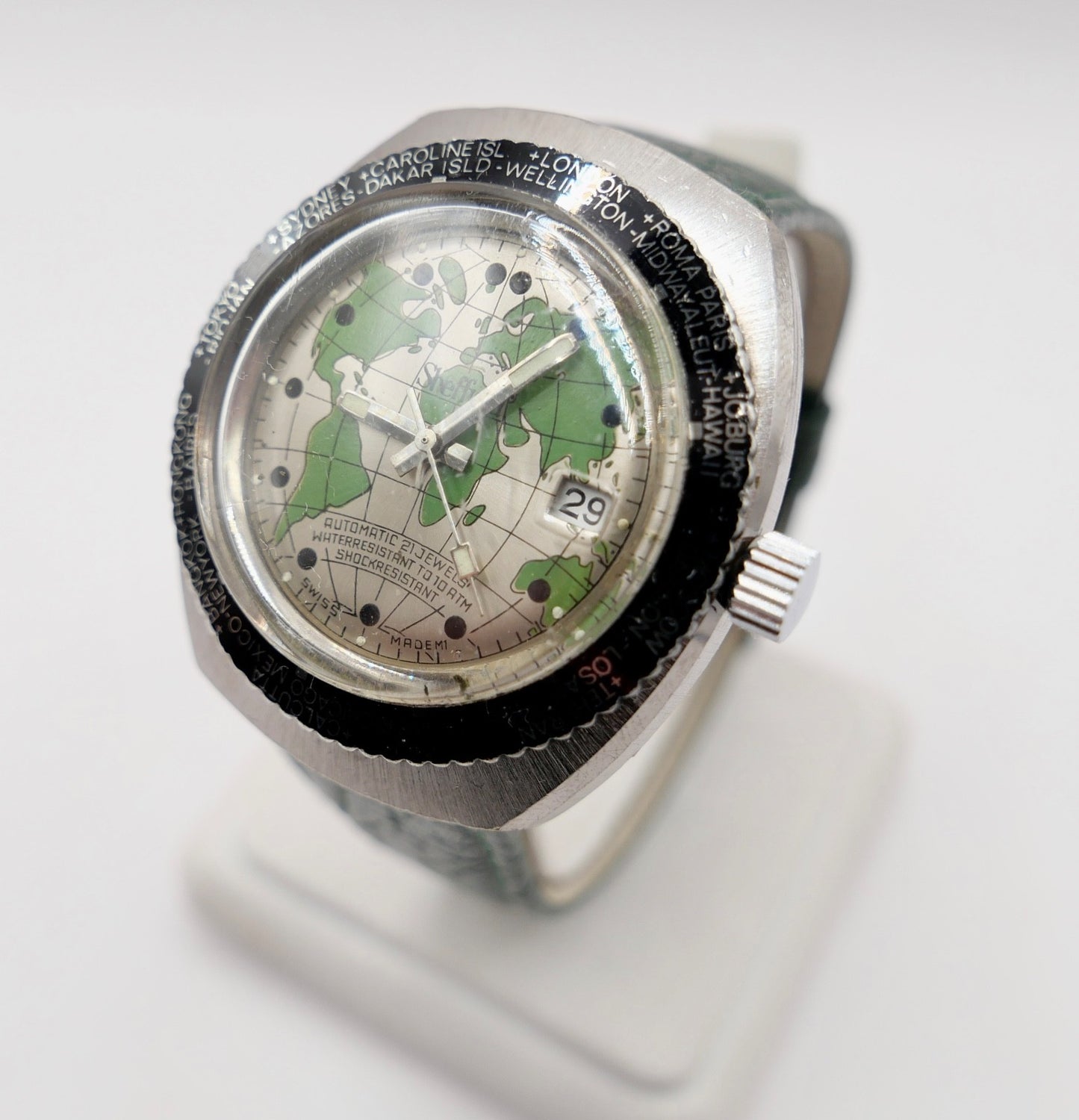 Sheffield Taucheruhr Weltuhr Herren Armbanduhr Automatik mit grünem Zifferblatt