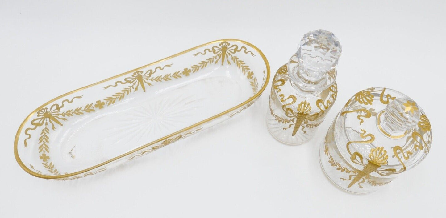 Antikes Glas Set Goldmalerei um 1900 Josephinenhütte 3-teilig Sehr guter Zutand - Antikhandel-Stuttgart