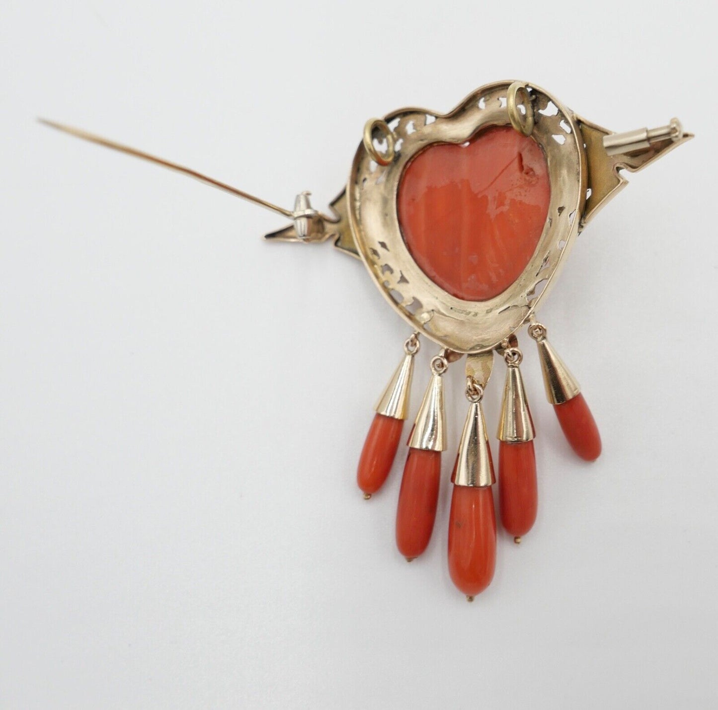 Große Antike Herz Gold Brosche / Anhänger Koralle 750 18K UNIKAT um 1850-1880 - Antikhandel-Stuttgart