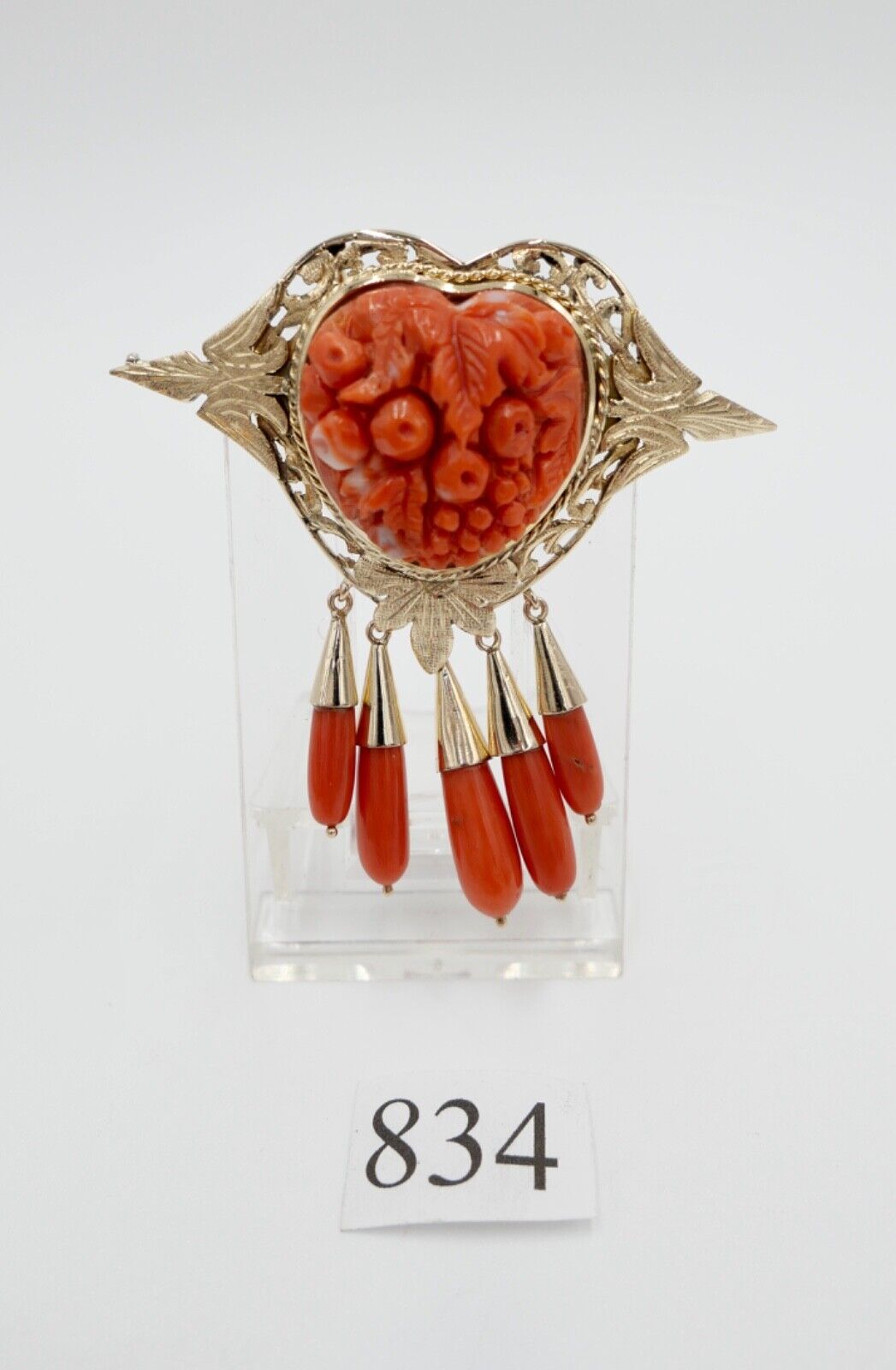 Große Antike Herz Gold Brosche / Anhänger Koralle 750 18K UNIKAT um 1850-1880 - Antikhandel-Stuttgart