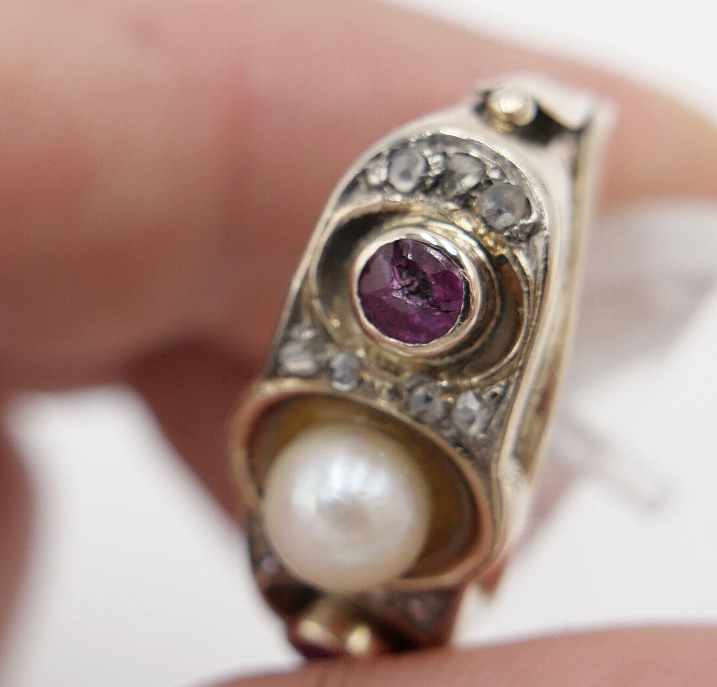 1930er Jahre Diamant Perlen Rubin Damen Gelbgold Ring 585 14K Gr.55 - Antikhandel-Stuttgart