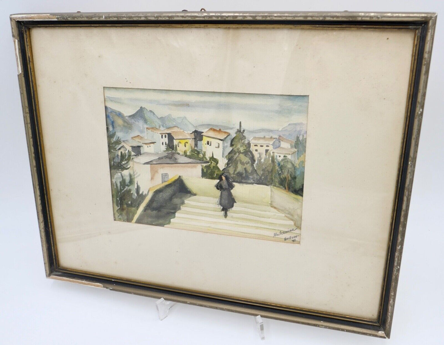 1940 Else Hertzer Aquarell signiert Malcesine Gardasee Frau Treppe 42x32 cm - Antikhandel-Stuttgart