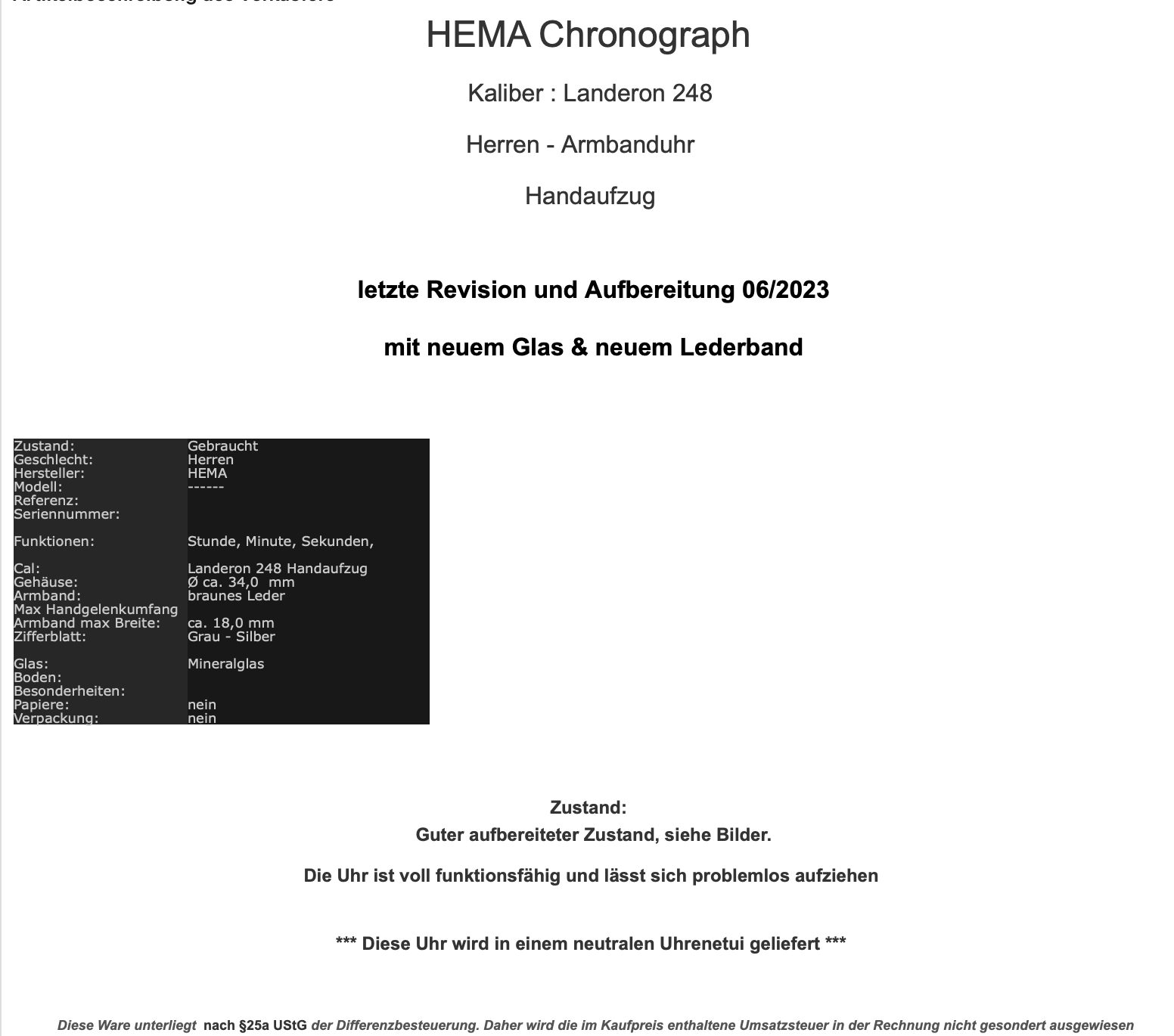 HEMA Chronograph Cal. Landeron 248 Herren Armbanduhr Handaufzug Ø 34mm neus Band - Antikhandel-Stuttgart