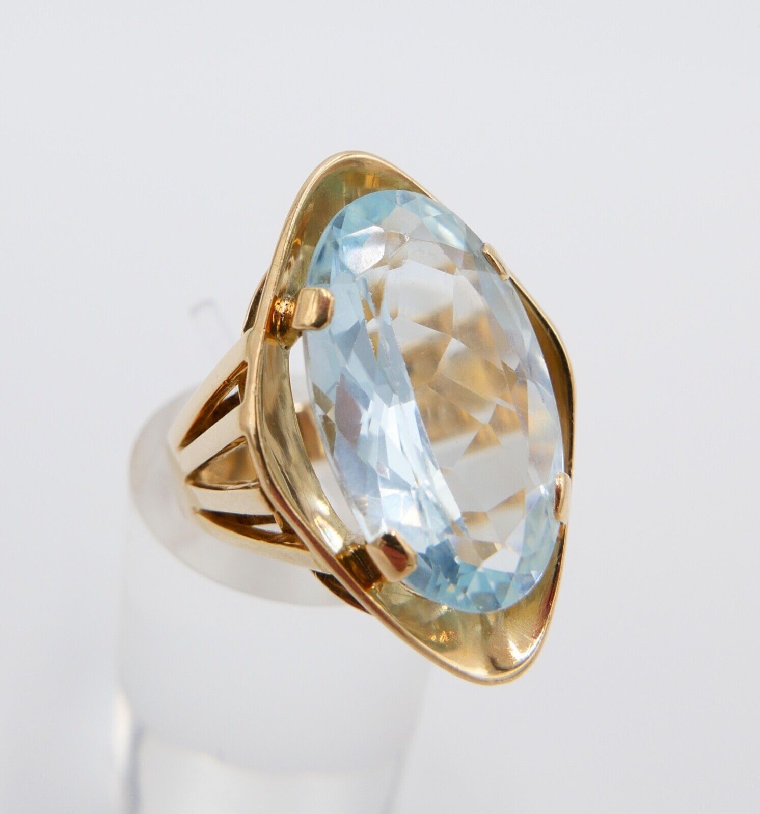 19,2 Ct Gelb Gold Damen Ring Navette Form Gr. 56 - 57 XXL blauer Stein 585 14K - Antikhandel-Stuttgart