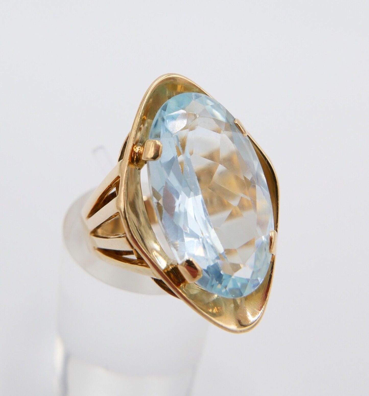 19,2 Ct Gelb Gold Damen Ring Navette Form Gr. 56 - 57 XXL blauer Stein 585 14K - Antikhandel-Stuttgart