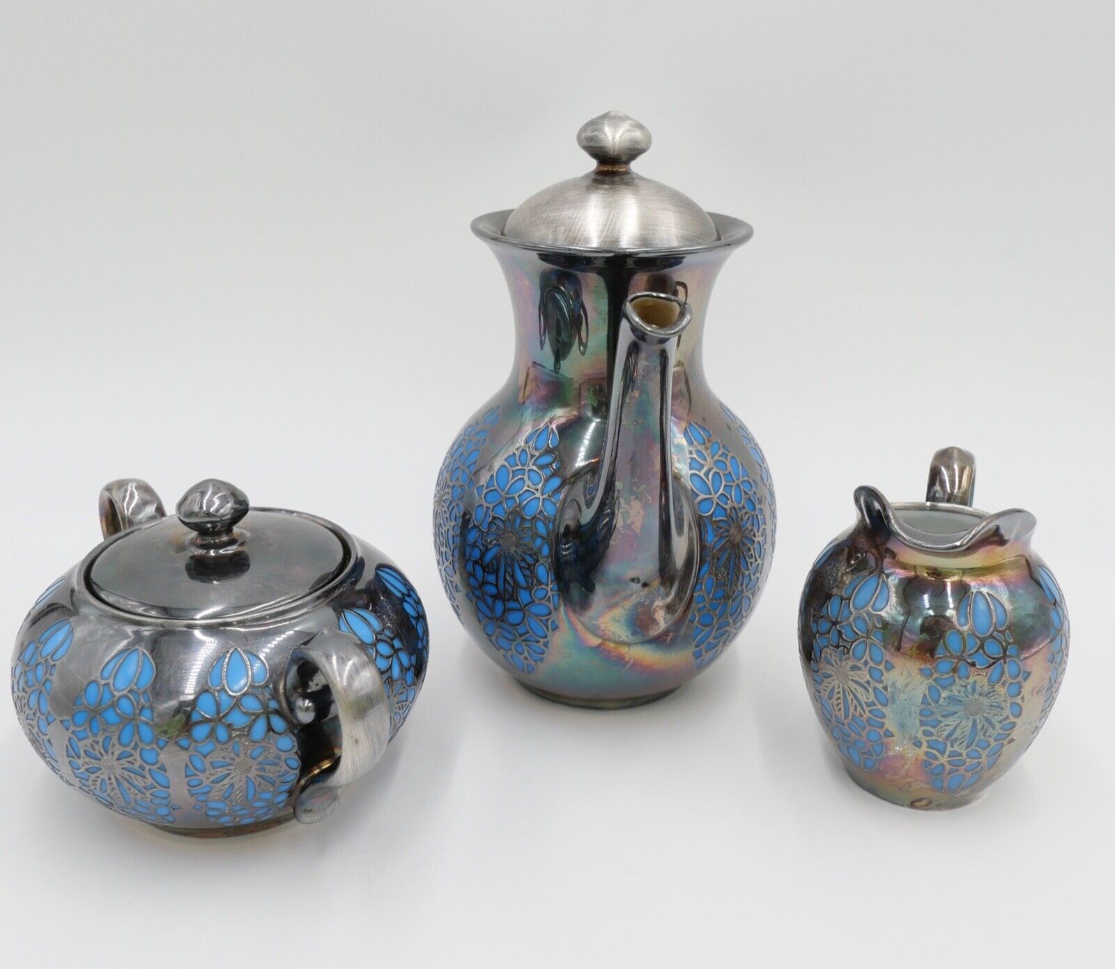 20er 30er Jahre ROSENTHAL Kaffe / Mokka Service versilbert Durchbruchmuster blau - Antikhandel-Stuttgart