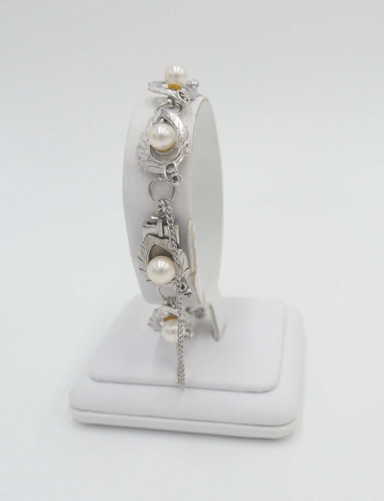 Silber Gliederarmband mit Zuchtperlen floral - Antikhandel-Stuttgart