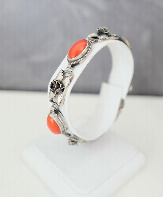 Antikes Korallen Armband coral Bracelet 800 Silber Adler 2 Punze 18 cm Blumen - Antikhandel-Stuttgart
