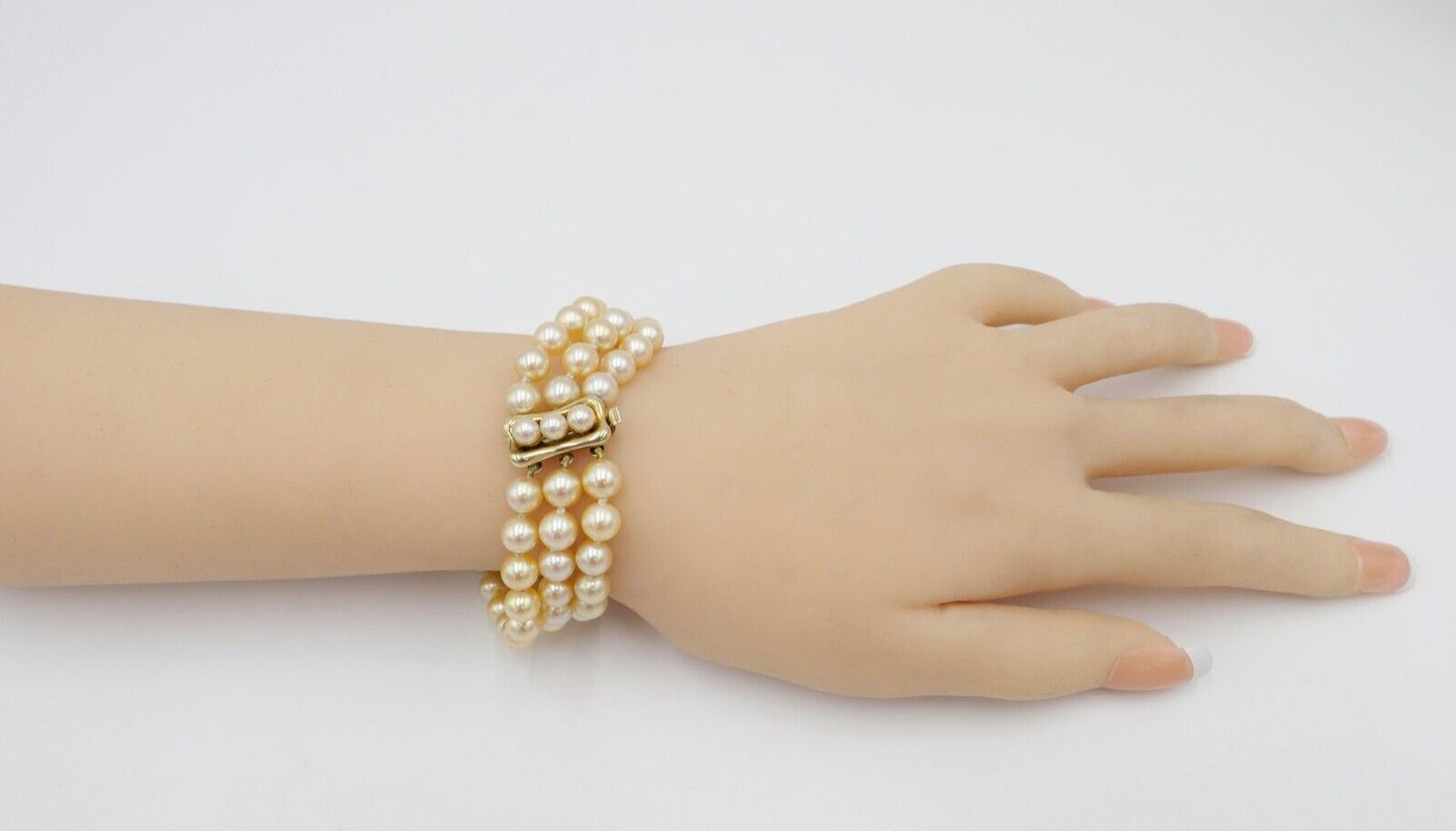 dreireihiges Perlenarmband 40,8 g Zuchtperlen 21 cm Gold 585 / 14K pearl Ø 7 mm - Antikhandel-Stuttgart