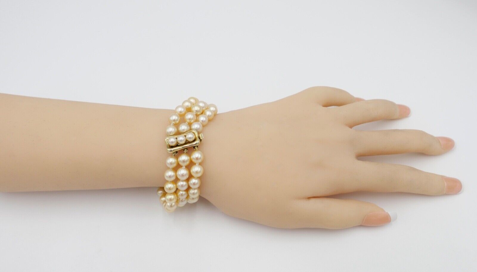 dreireihiges Perlenarmband 40,8 g Zuchtperlen 21 cm Gold 585 / 14K pearl Ø 7 mm - Antikhandel-Stuttgart