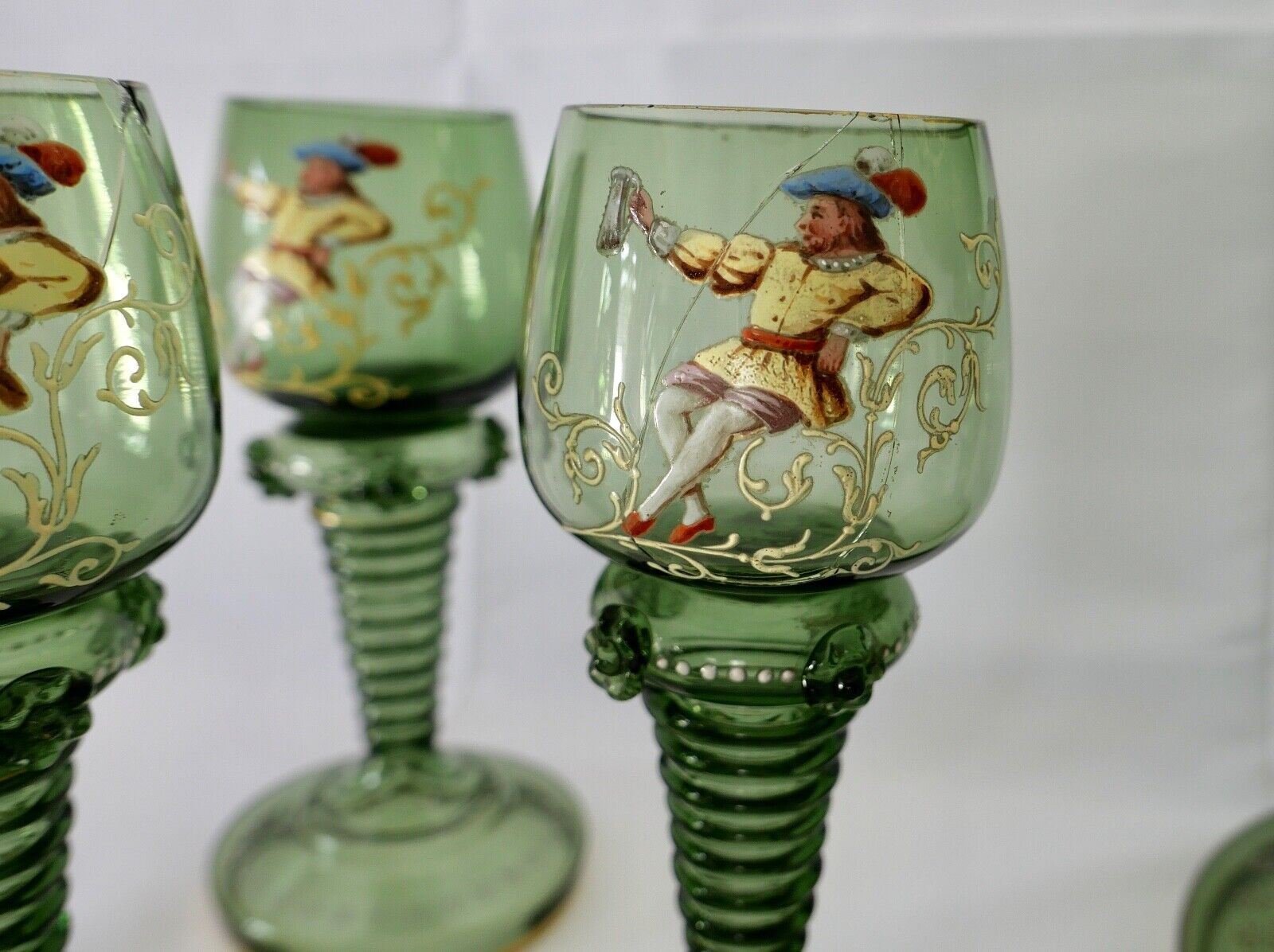 Antike Weinrömer Gläser Pokal XXL Bowle Set grün Emaille RAR Goldrand 53cm 1900 - Antikhandel-Stuttgart