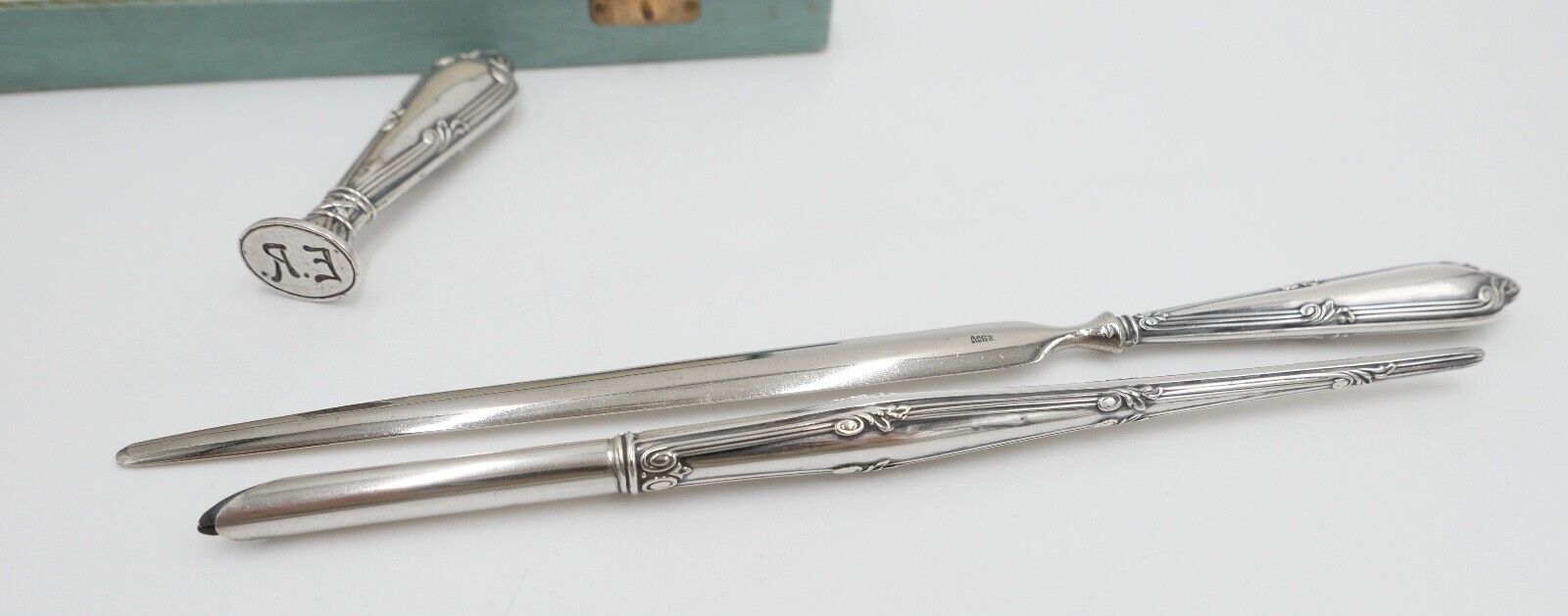 JUGENDSTIL Schreibset um 1900 Set 3 teilig Silber 800 HB Hermann Bauer Etui - Antikhandel-Stuttgart