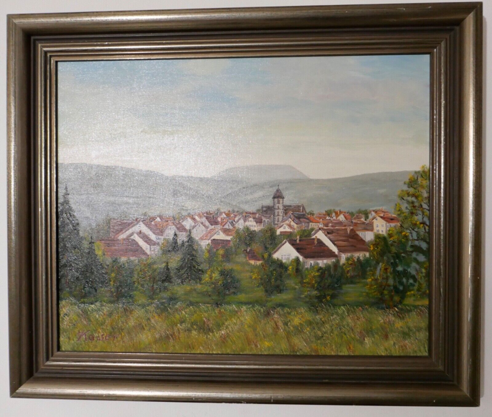 schönes Ölgemälde Tal Landschaft Dorf signiert Hugo Kaiser 62x50cm - Antikhandel-Stuttgart