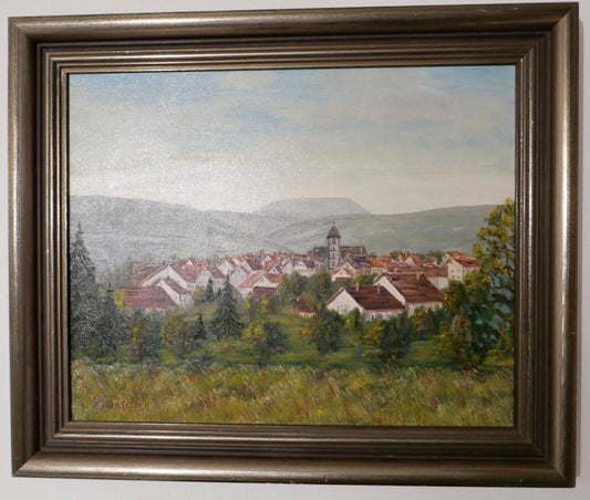 schönes Ölgemälde Tal Landschaft Dorf signiert Hugo Kaiser 62x50cm - Antikhandel-Stuttgart