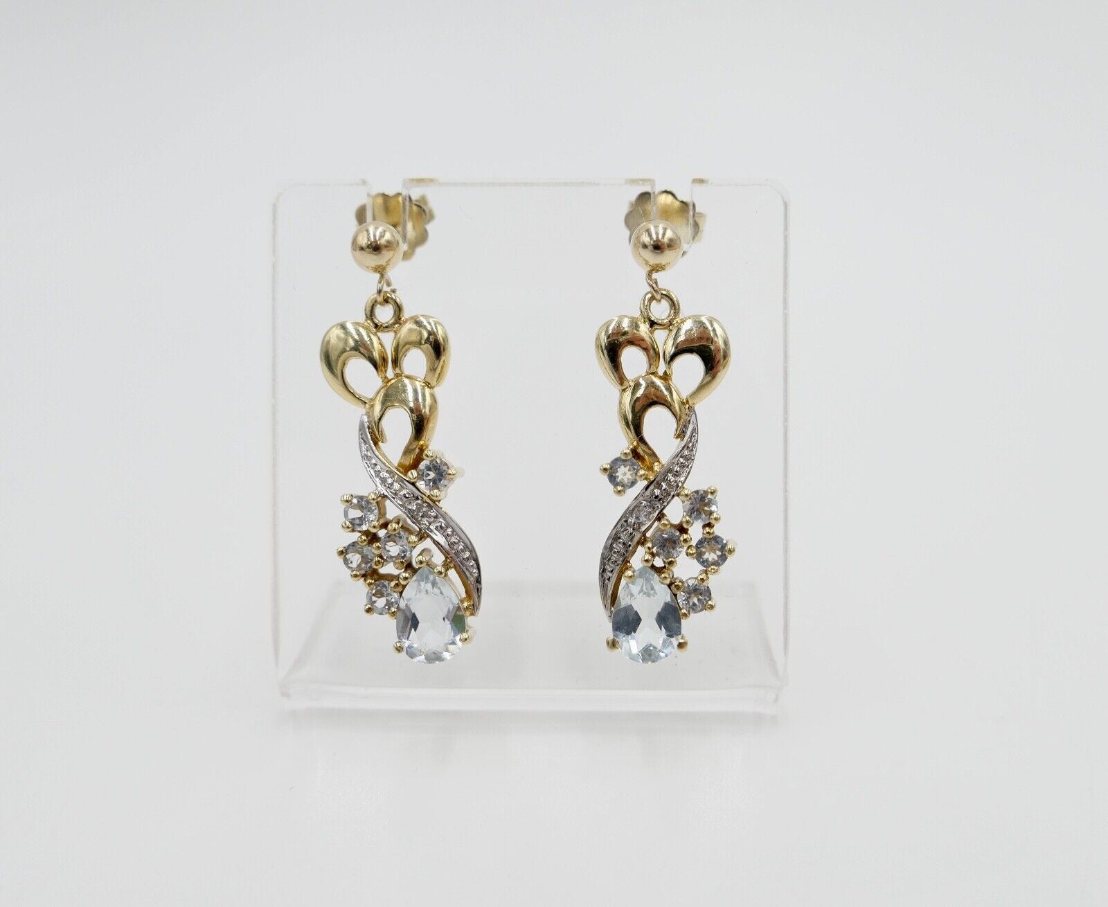 80er Jahre Ohrringe Ohrhänger GOLD 585 / 14K mit Aquamarin und Quarz - Antikhandel-Stuttgart