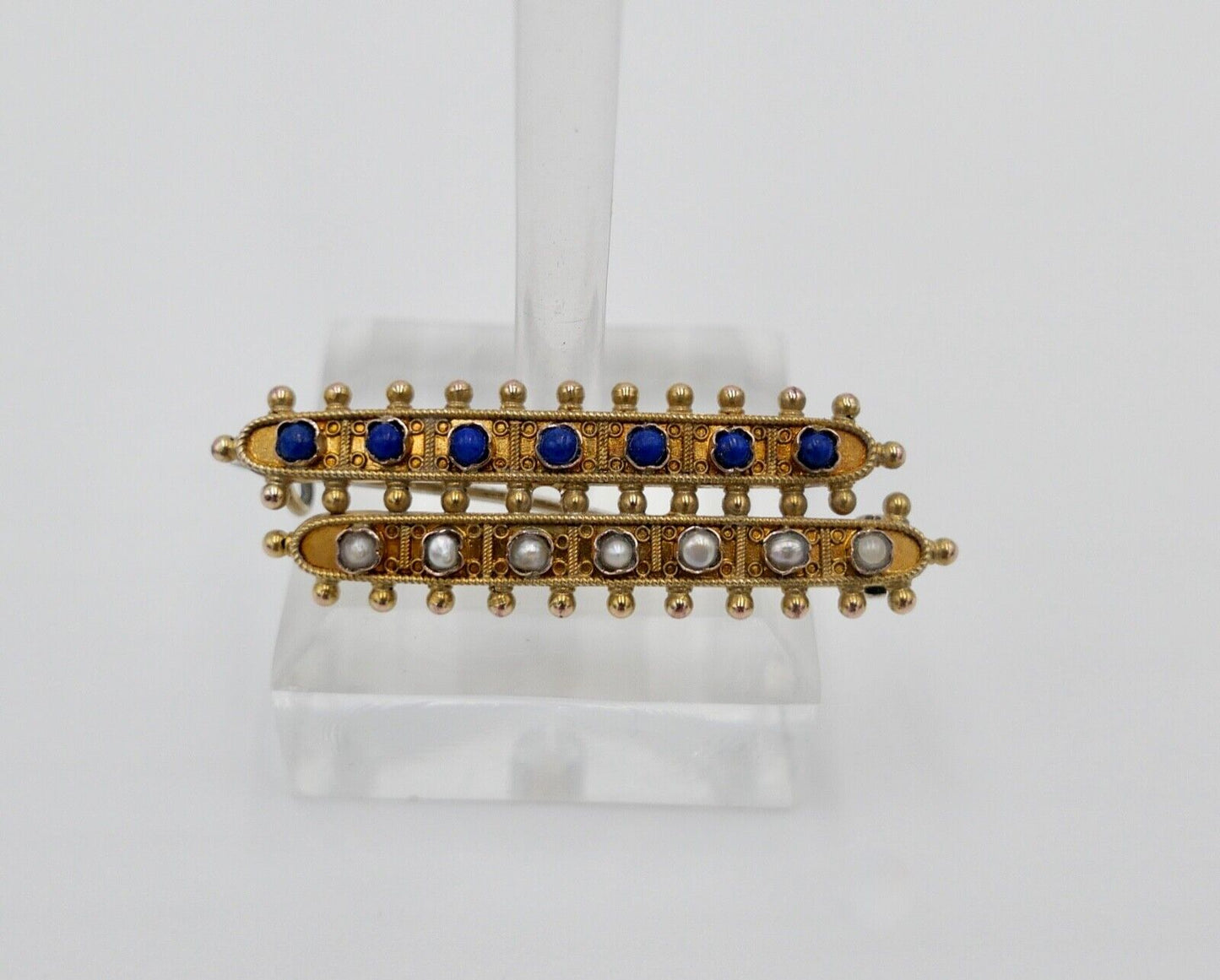 Antike 585 14K Gold Brosche Anstecknadel mit 7 Saatperlen 7 Lapis Lazuli - Antikhandel-Stuttgart