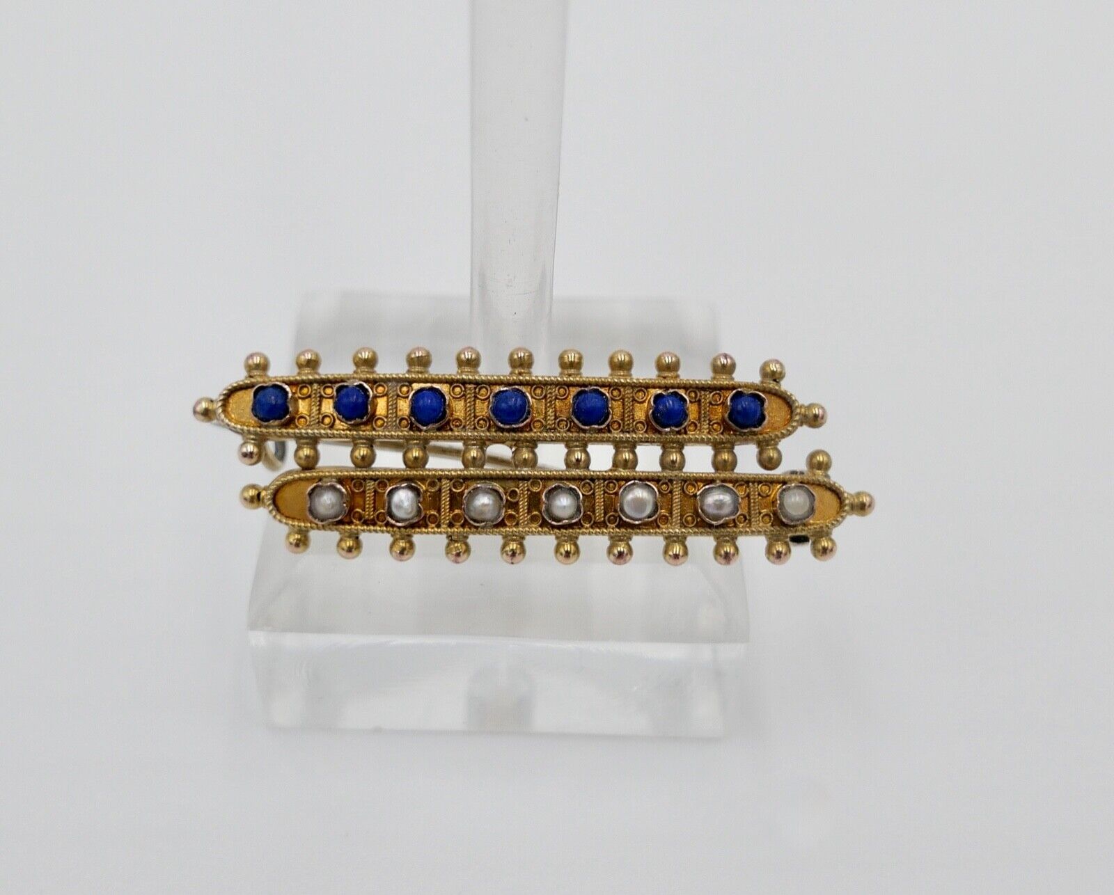 Antike 585 14K Gold Brosche Anstecknadel mit 7 Saatperlen 7 Lapis Lazuli - Antikhandel-Stuttgart