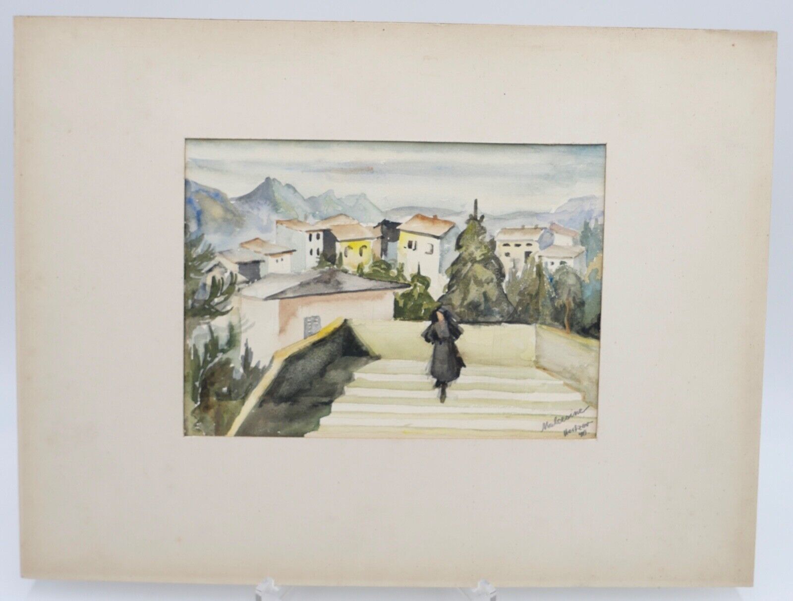 1940 Else Hertzer Aquarell signiert Malcesine Gardasee Frau Treppe 42x32 cm - Antikhandel-Stuttgart
