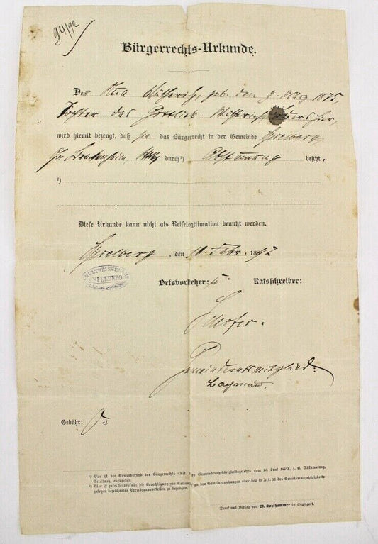 Bürgerrechts Urkunde 1892 Schultheissenamt Spielberg Civil rights certifi - Antikhandel-Stuttgart