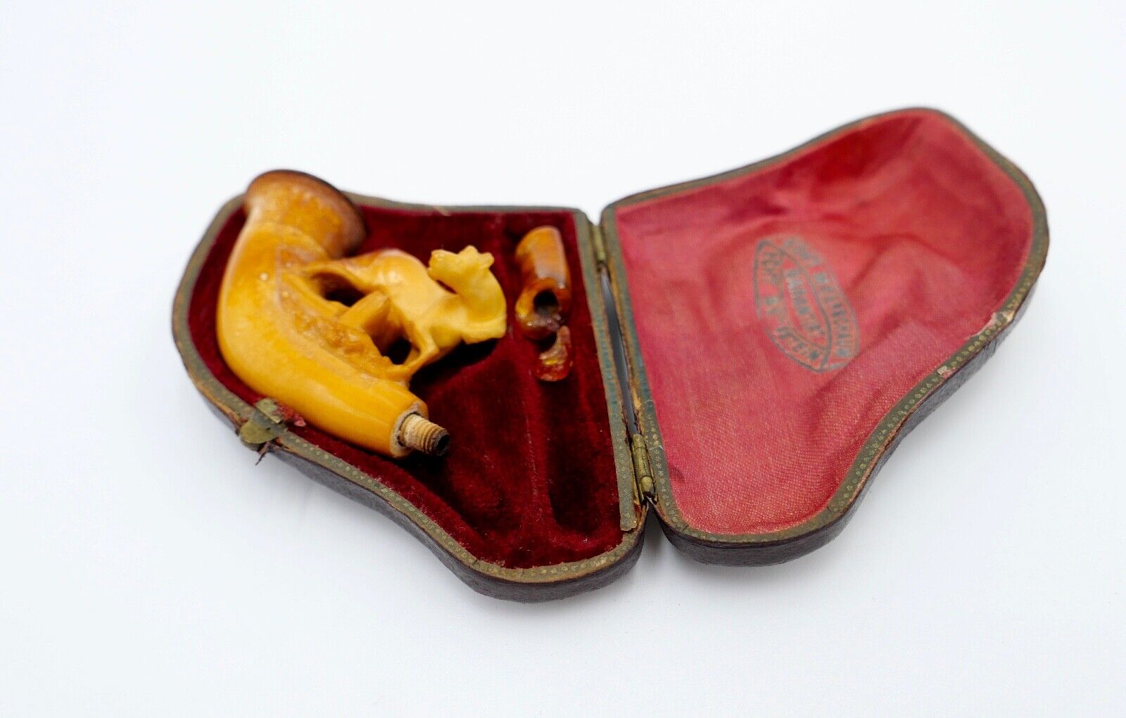 Alte Antike Meerschaumpfeife Bernstein Pipa Etui Pfeife Motiv PFERD - Antikhandel-Stuttgart