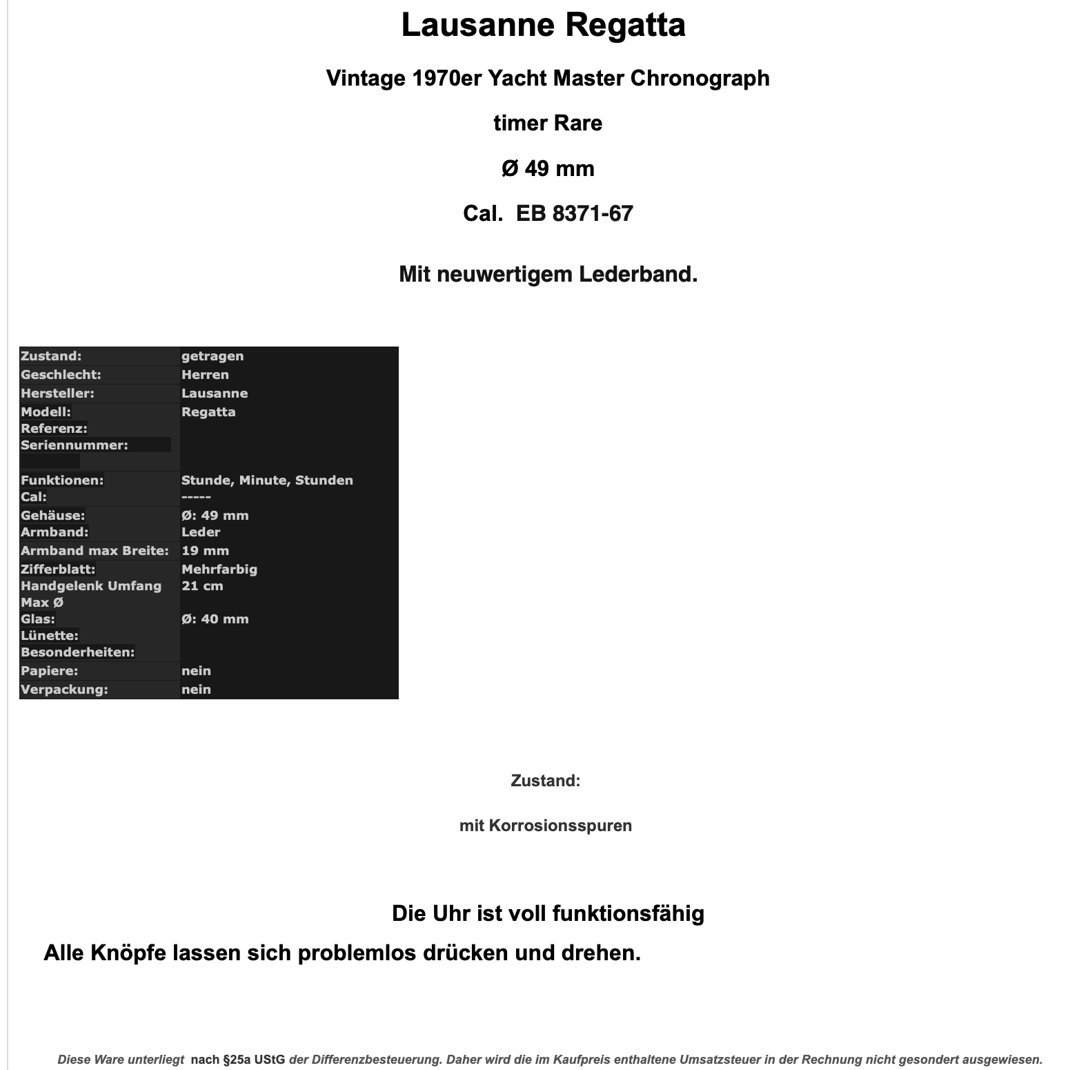 Lausanne Regatta Vintage 1970er Yacht Master Chronograph Ø 49mm Cal. EB 8371-67 - Antikhandel-Stuttgart