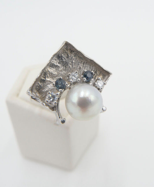 70er Jahre massiver Damenring Brillant Saphir Perle Weißgold 750 / 18K Gr. 55 - Antikhandel-Stuttgart