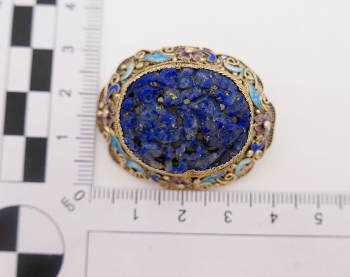 Lapislazuli Lapis Lazuli Brosche Emaille Silber vergoldet 1960er Jahre China - Antikhandel-Stuttgart