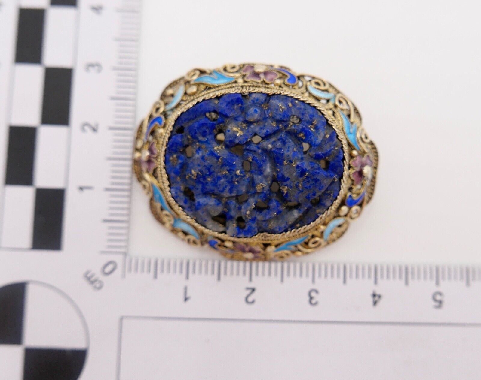 Lapislazuli Lapis Lazuli Brosche Emaille Silber vergoldet 1960er Jahre China - Antikhandel-Stuttgart