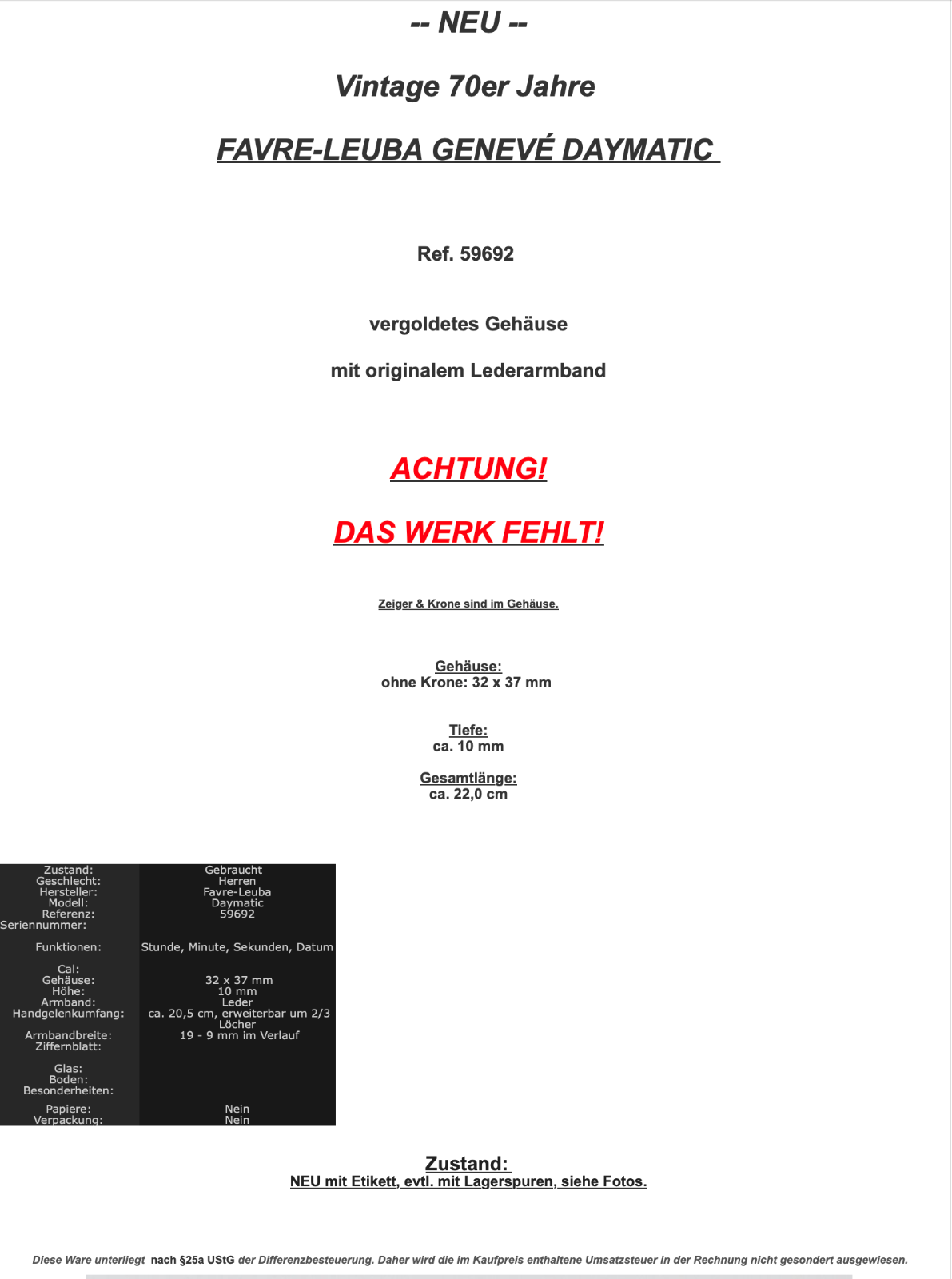 NEU Vintage 70er Jahre Gehäuse FAVRE-LEUBA GENEVÉ DAYMATIC Ref. 59692 vergoldet - Antikhandel-Stuttgart