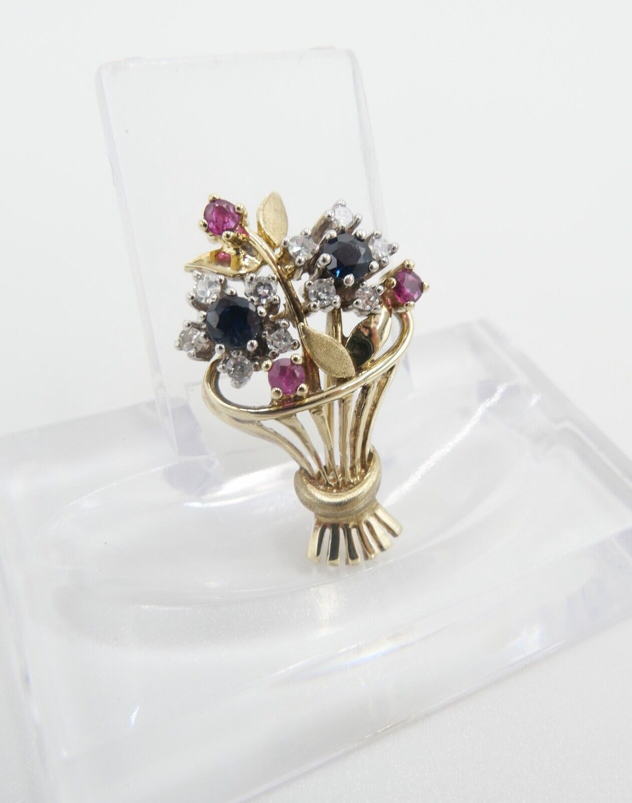 1980er florale Blumenkor 585 14K Bicolor Gold Brosche Brillanten Rubinen Saphire - Antikhandel-Stuttgart