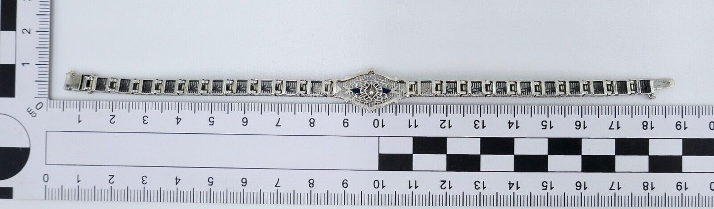 20er Floral Filigranes Damen Armband 10K Weißgold PHILADELPHIA Diamant & Saphir - Antikhandel-Stuttgart