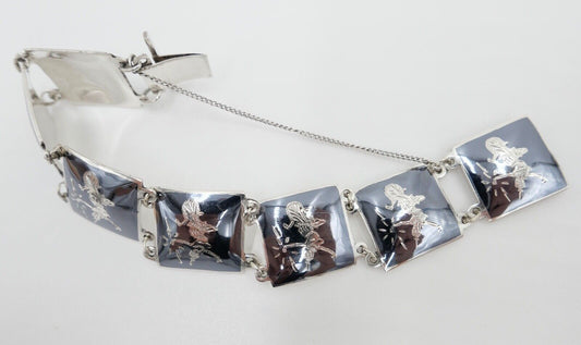 Siam Sterling Silber Glieder Armband Emaille Motiv Göttin 19cm - Antikhandel-Stuttgart