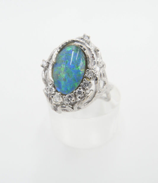 70er Jahre Damenring Brillant Opal Ring Weißgold 585 / 14K Gr. 56 - Antikhandel-Stuttgart
