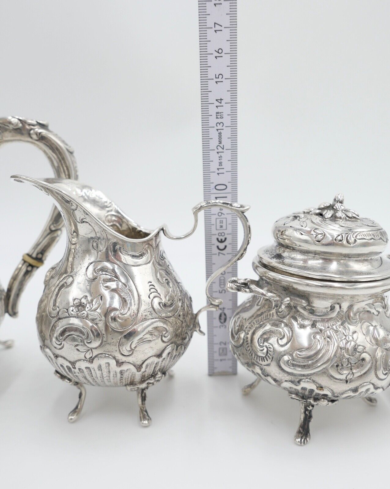 4 teiliges Teeset Set um 1900 Hanau Rokoko 800 Silber 620 Gr Floralverzierung - Antikhandel-Stuttgart