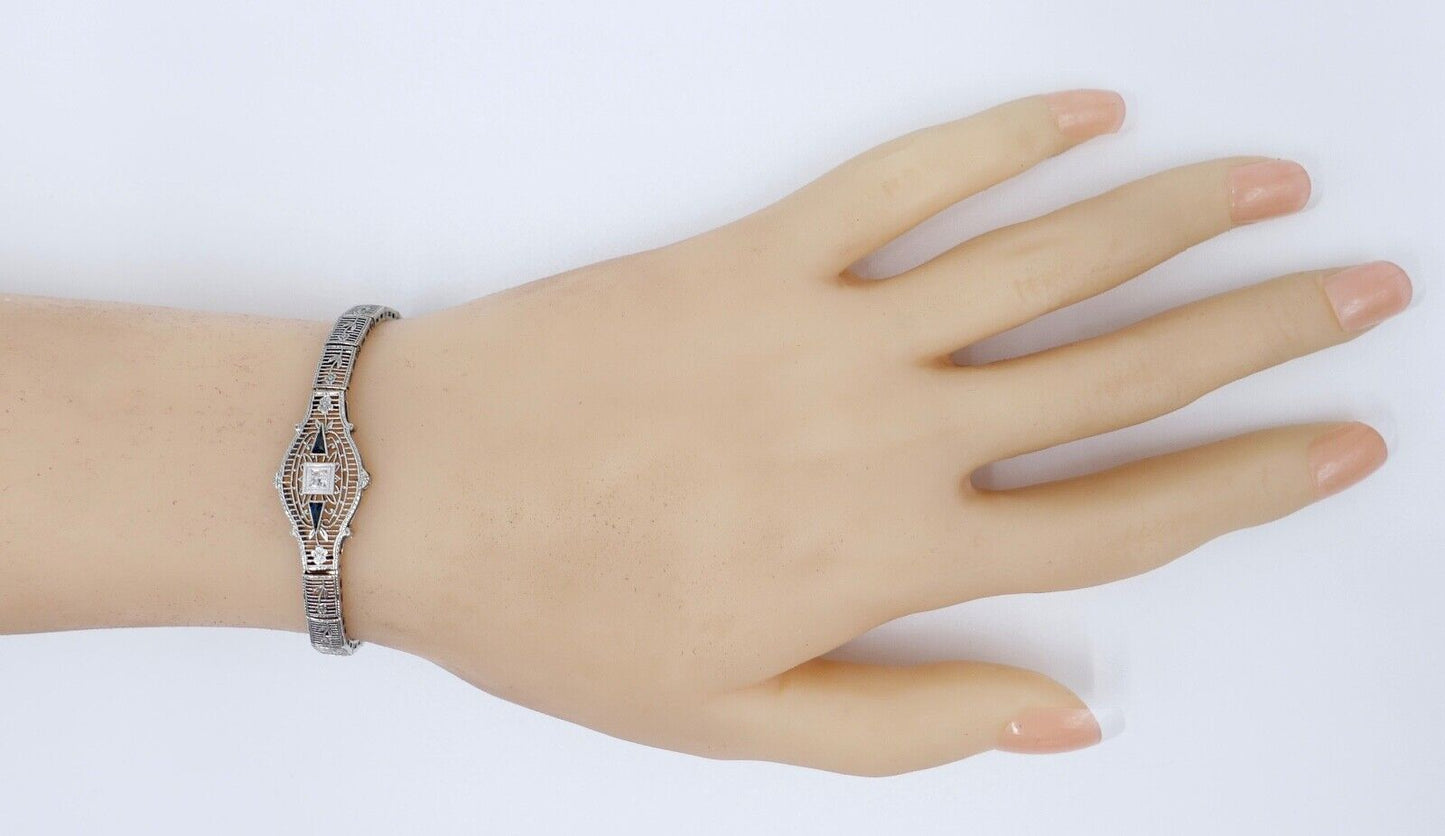 20er Floral Filigranes Damen Armband 10K Weißgold PHILADELPHIA Diamant & Saphir - Antikhandel-Stuttgart