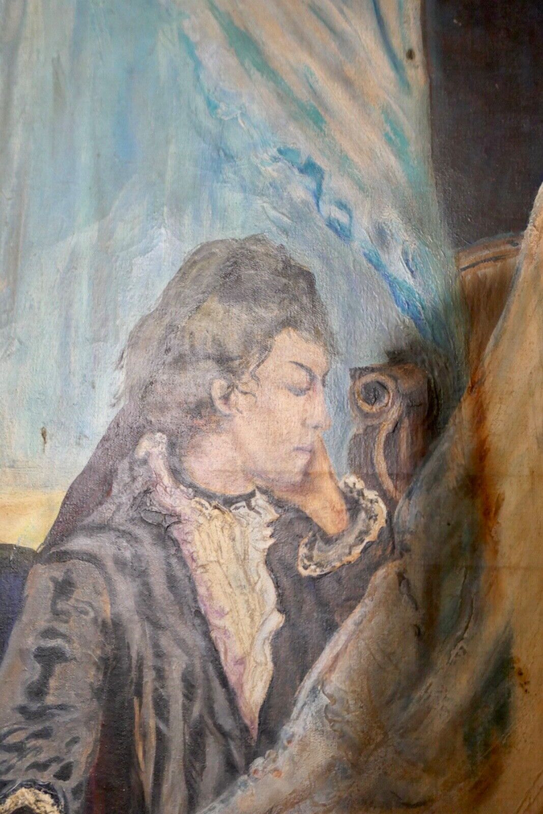 Gemälde Öl oil Leinwand 67x51 cm signiert "GODO" Vater an Kinderwiege - Antikhandel-Stuttgart