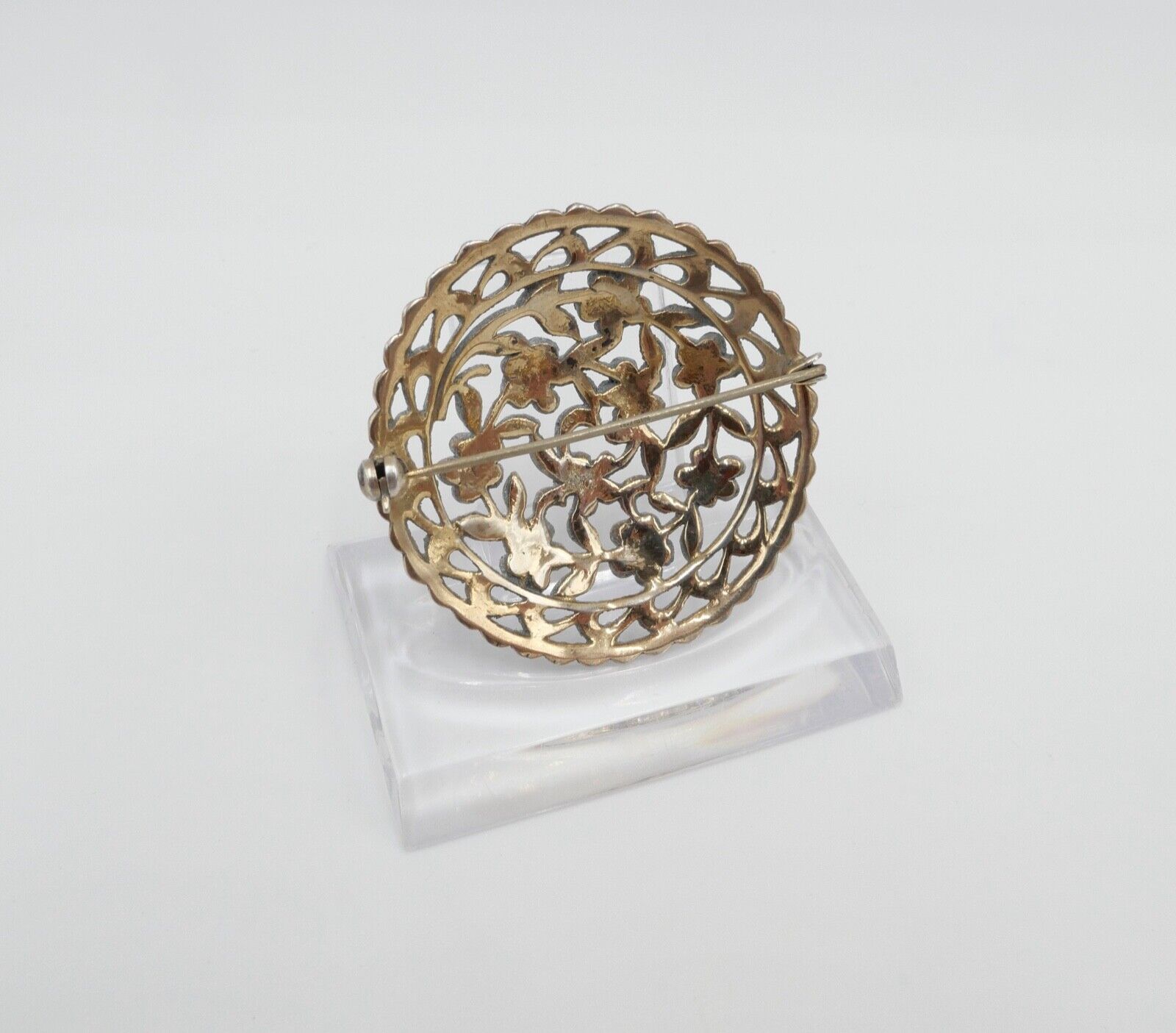 Jugendstil Brosche floral 835 Silber vergoldet mit Markasiten Ø 40 mm - Antikhandel-Stuttgart